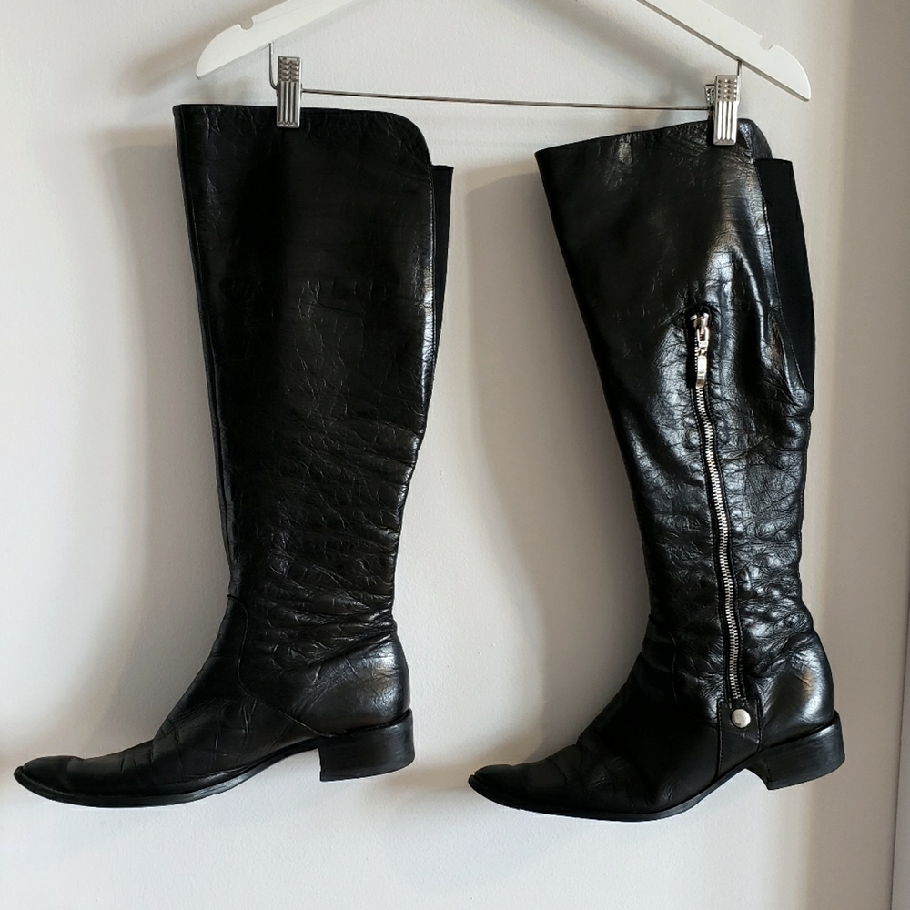 Browns Black Italian Leather Boots Biker Western Silver Hardware Women Size 39